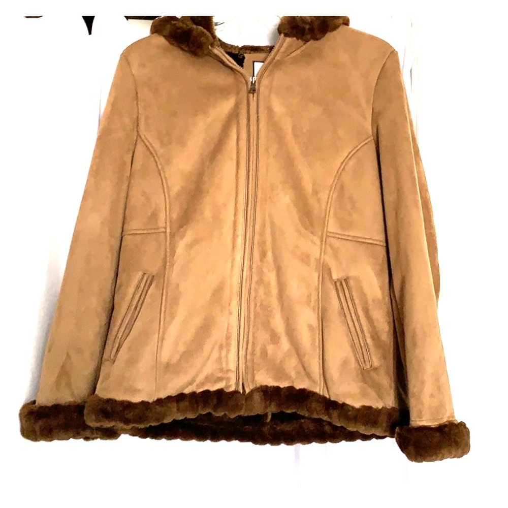 Microfiber faux suede and fur trimmed jacket